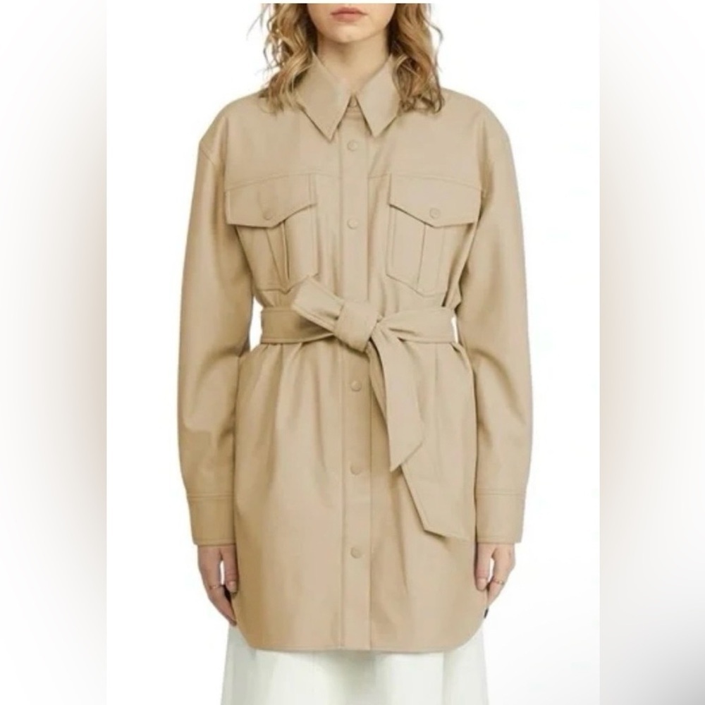 Women’s Vegan Leather Jacket Belted Tan Cream Pockets New S NVLT Anthropologie